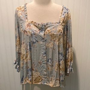 Floral Square-Neck Women's Top in Light Blue